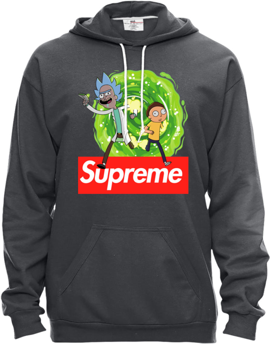 Supreme Rick and Morty連帽衫 壁紙 — 一件深灰色連帽衛衣上，瑞克和莫蒂卡通角色從綠色傳送門中衝出，位於紅色Supreme標誌上方。