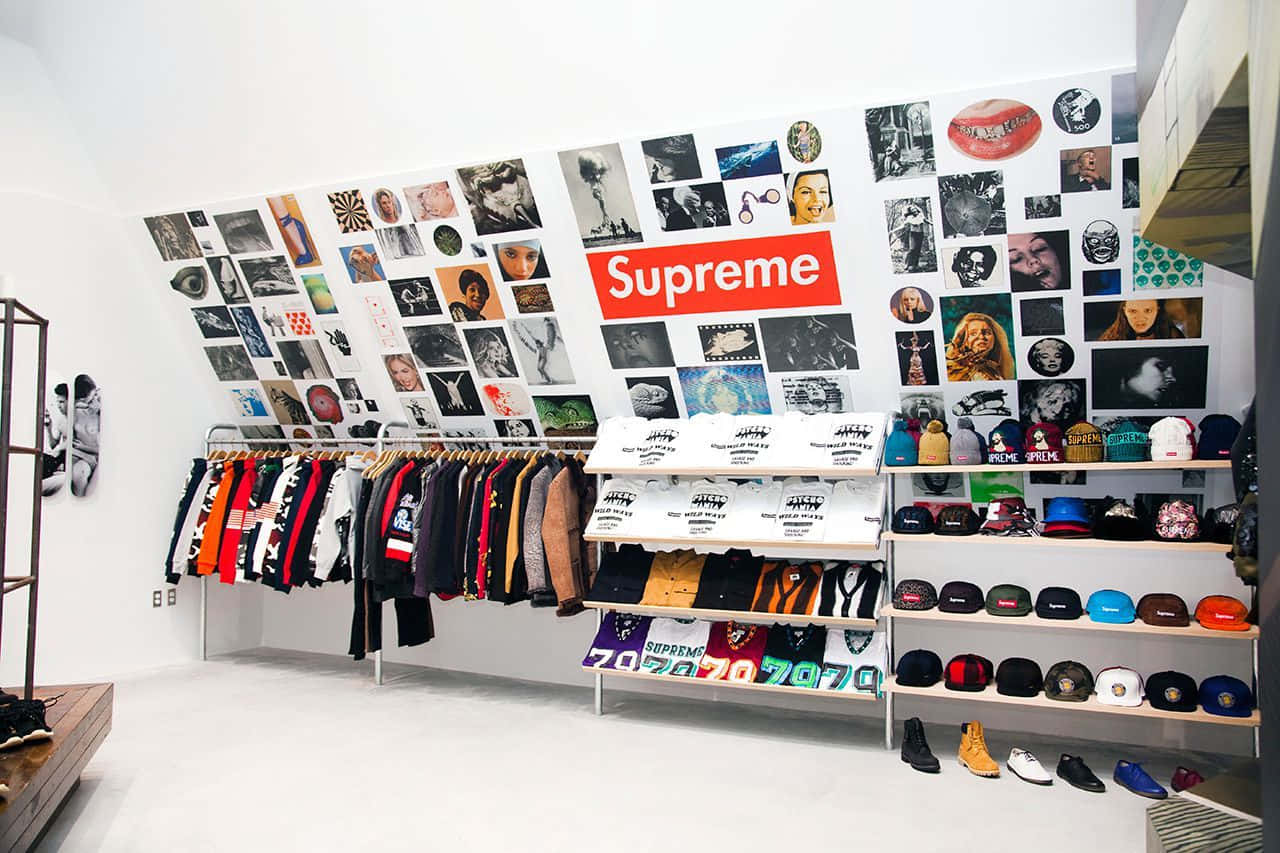 Supreme 商店 服飾架 帽子 牆上拼貼藝術