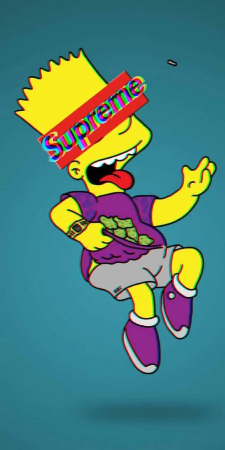 跳躍的Supreme巴特·辛普森 壁紙 — Bart Simpson 身穿紫色服裝，頭上有 Supreme 標誌，在青綠色背景前跳躍中。