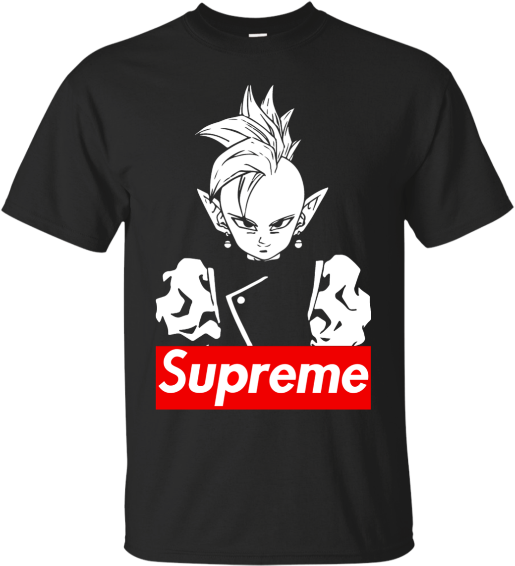 Supreme 品牌角色圖案 T 恤 壁紙 — 一件黑色T恤上有一個白色線條繪畫的刺蝟頭動漫角色，下方有一個紅色Supreme標誌。