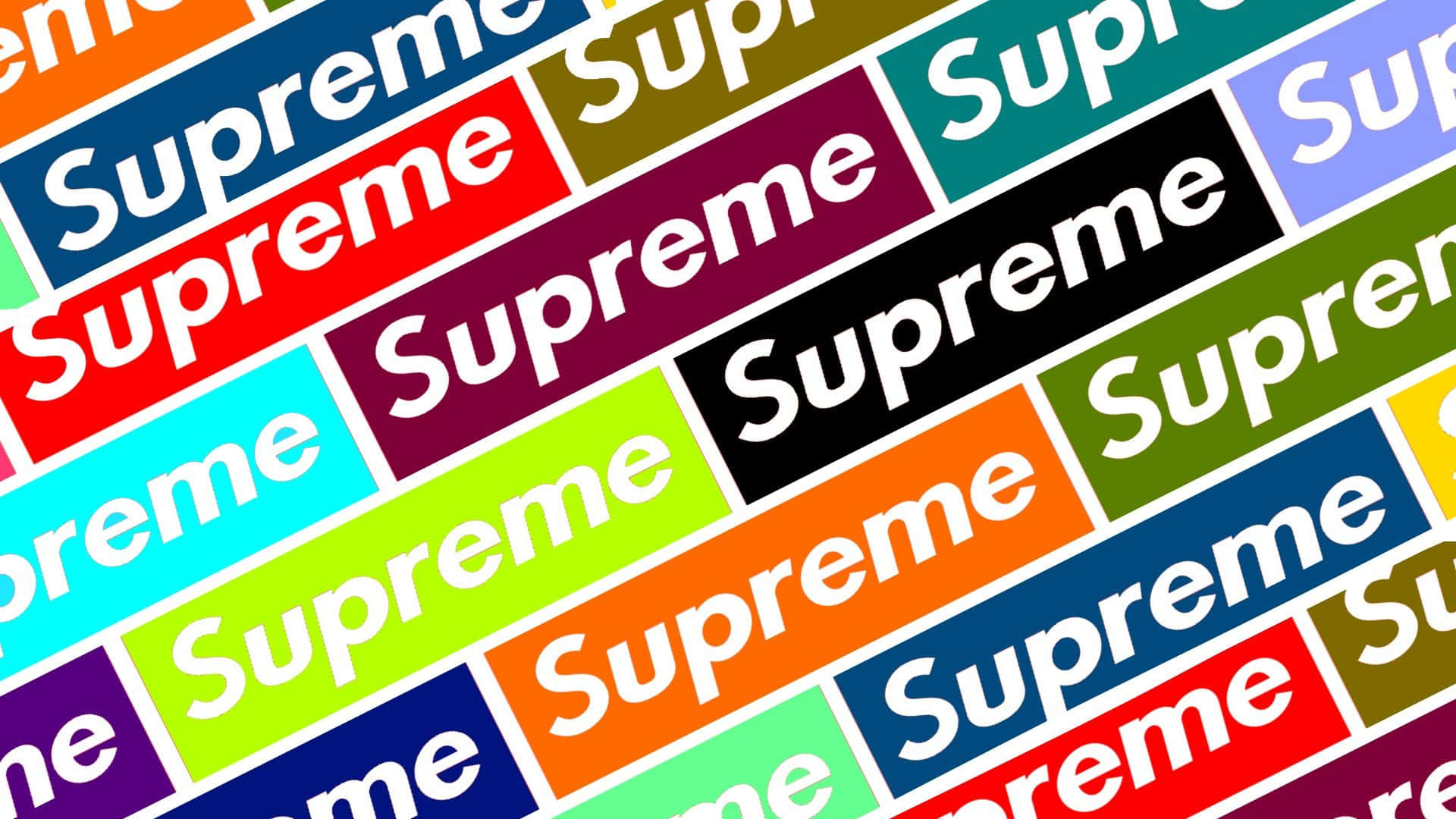 Supreme品牌標誌壁紙 壁紙 — 充滿活力的多色 Supreme 標誌以粗體白色文字對角排列在框架上。