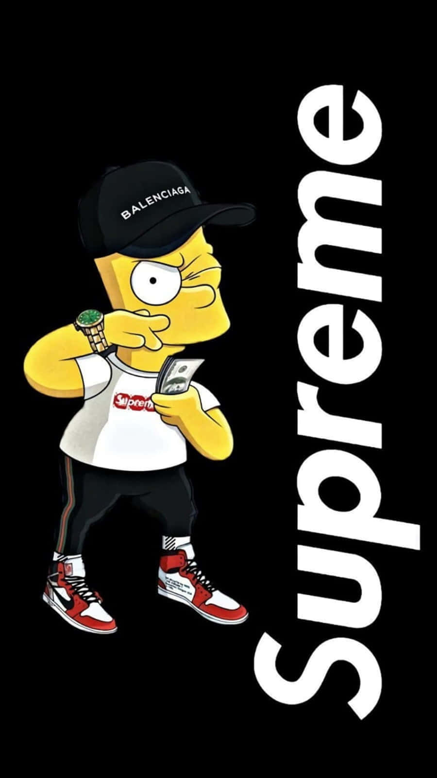 辛普森家族標誌搭配Supreme字樣 壁紙 — Simpson角色身穿奢華裝備，在黑色背景前手持現金，帶有Supreme標誌。