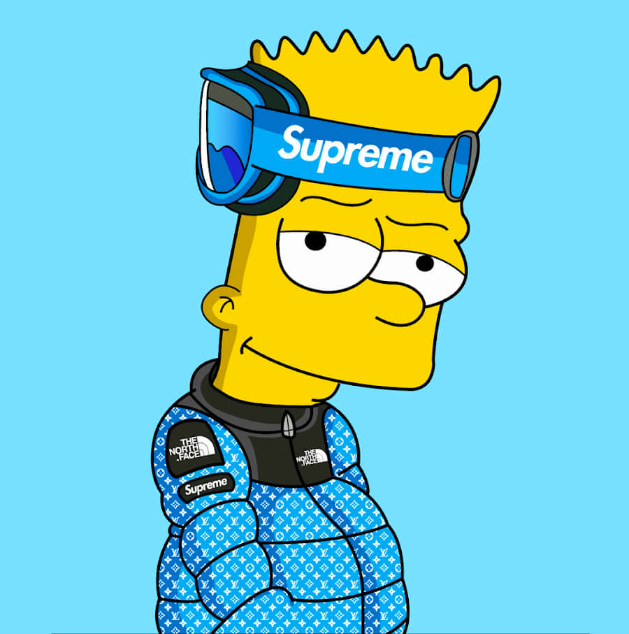 戴眼鏡的時尚巴特·辛普森 Supreme 壁紙 — Bart Simpson 身穿藍色 Louis Vuitton 圖案滑雪外套和 Supreme 護目鏡，背景為純藍色。