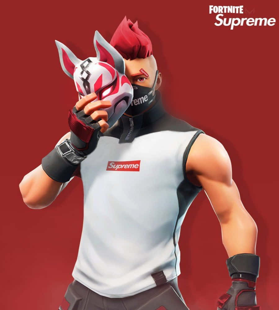 Fortnite角色手持Supreme面具，背景為紅色