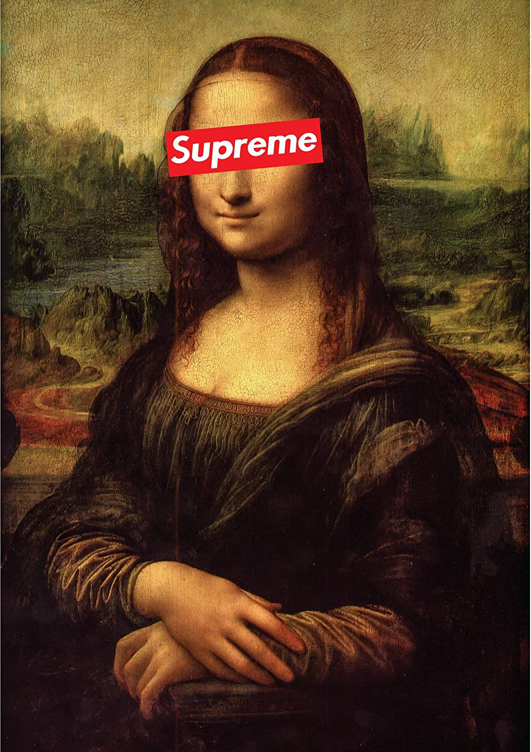 Supreme X 蒙娜麗莎手機壁紙 壁紙 — 蒙娜麗莎，眼睛上有一個紅色Supreme標誌，背景是朦朧的文藝復興風景。