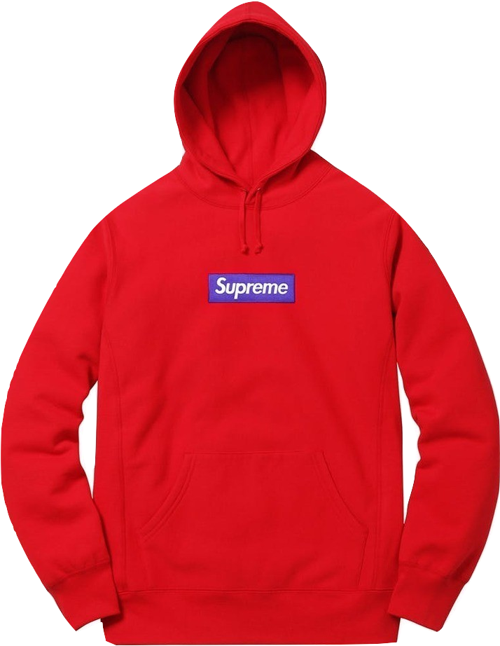 Supreme紅色連帽衫配標誌補丁 壁紙 — 一件鮮紅色嘅Supreme連帽衛衣，胸口中央有一個藍色方框標誌，背景係純黑色。
