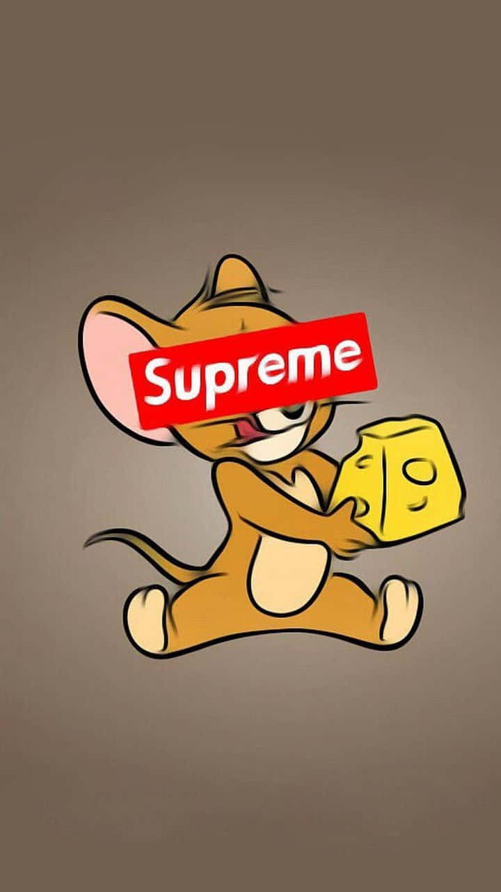 卡通老鼠拿著芝士，臉上帶有Supreme標誌。