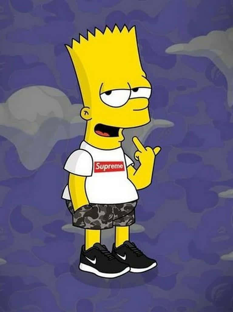 巴特·辛普森穿著Supreme襯衫和迷彩短褲做出粗魯手勢。