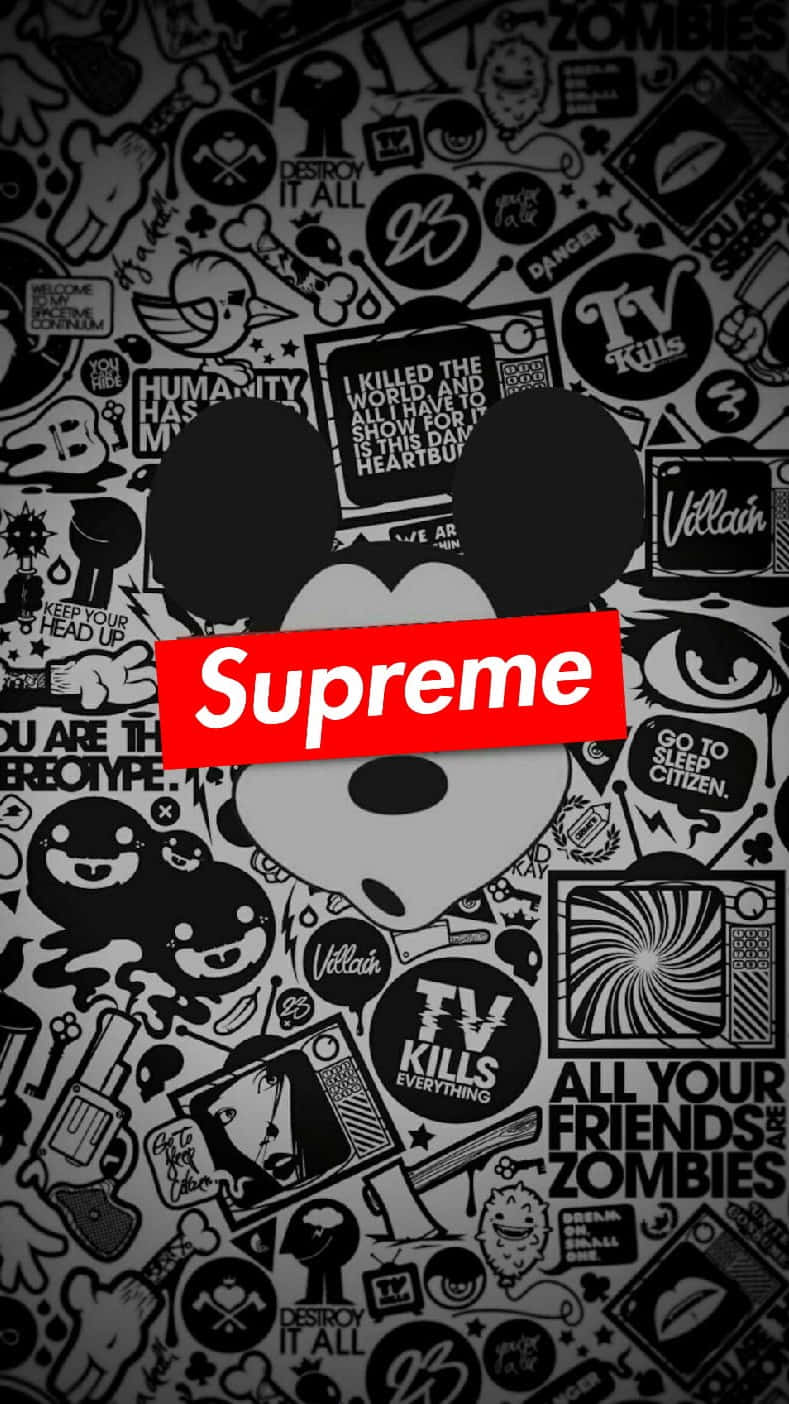 Supreme標誌與米奇老鼠剪影，置於黑白塗鴉背景上。