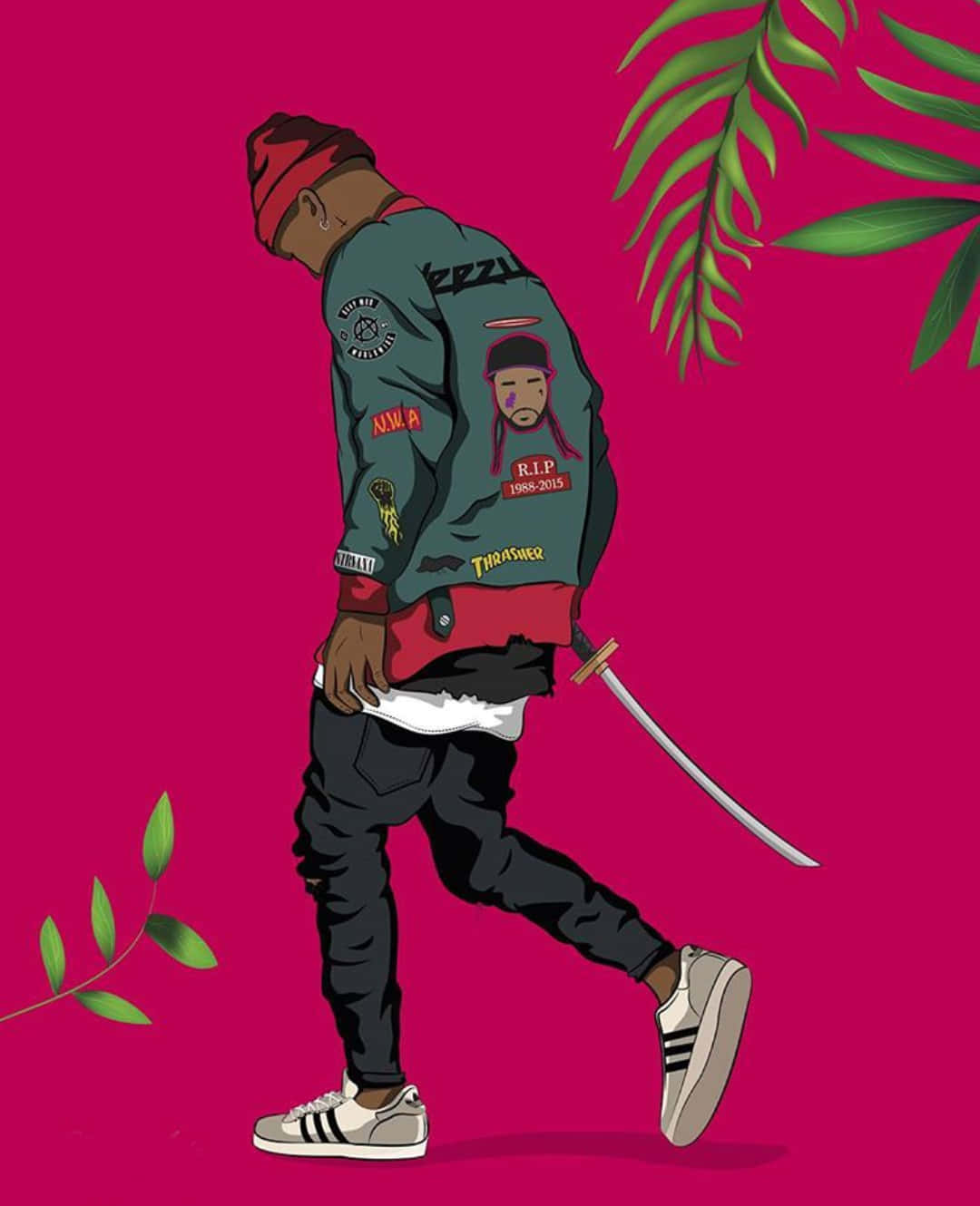 街頭服飾男子在粉紅色背景和棕櫚葉襯托下手持劍行走。