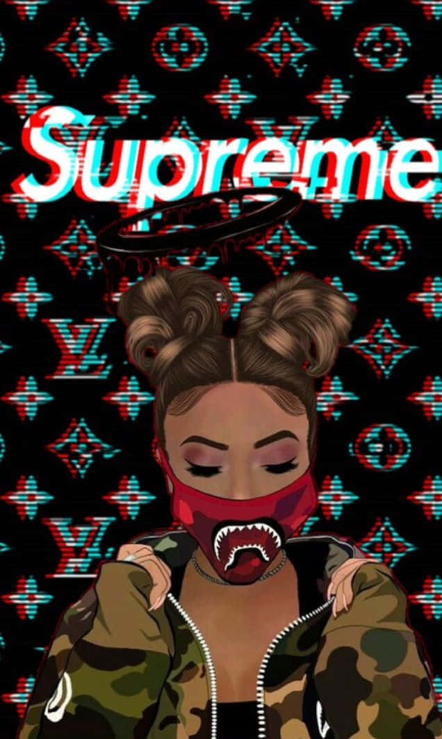 穿著迷彩外套的女性戴著鯊魚嘴口罩，站在帶有Supreme文字的LV圖案前。