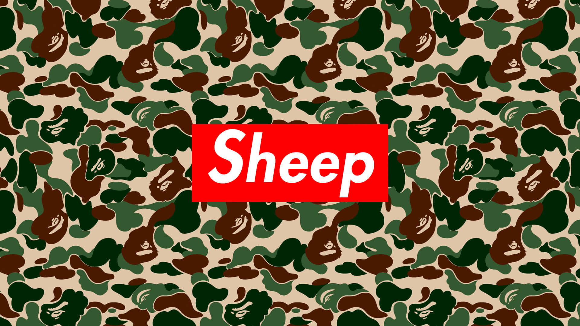 迷彩牆紙，帶有羊臉和紅色 'Sheep' 標誌。