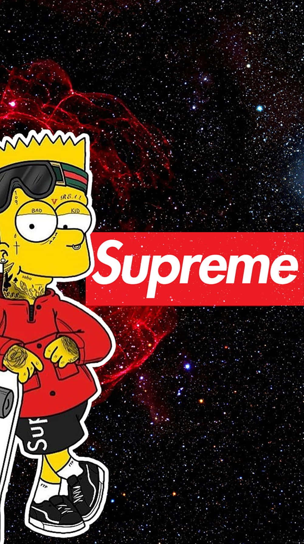 身穿紅色Supreme外套的巴特·辛普森站在一個星空宇宙背景前。