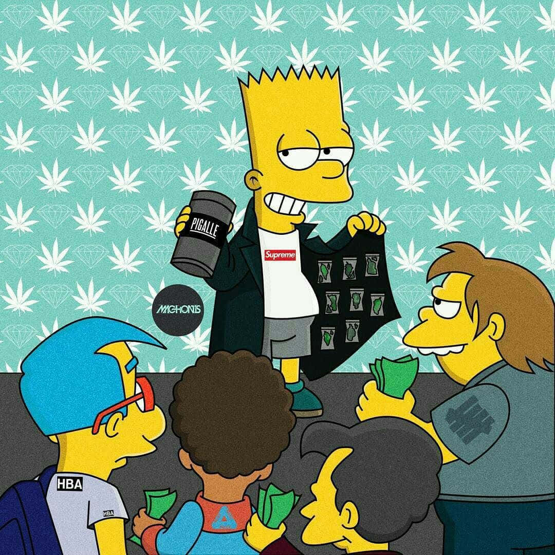 Bart Simpson 穿著 Supreme 外套，被粉絲包圍並遞上現金，背景有圖案。