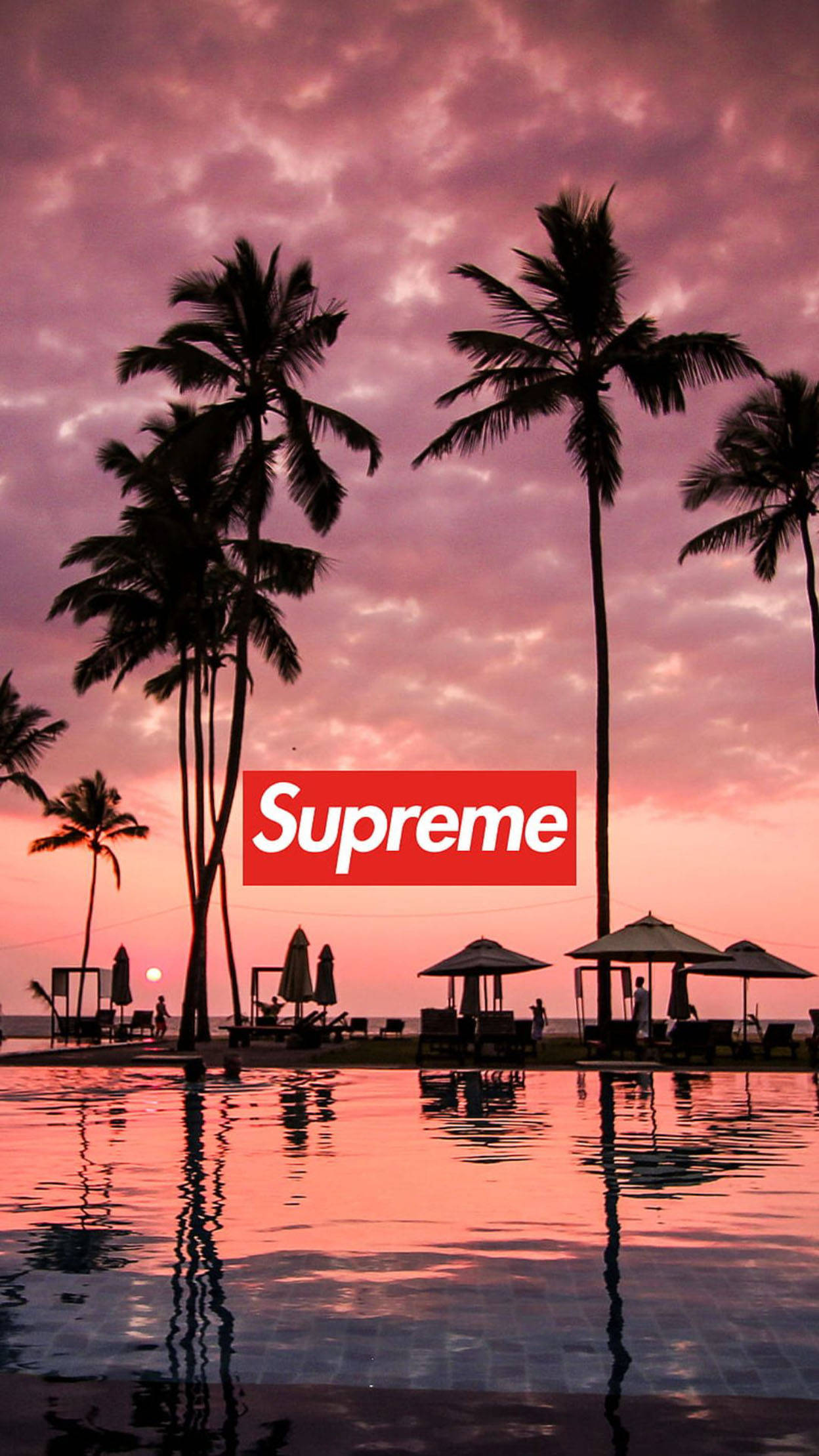 Supreme 日落潮流 iPhone 壁紙 — 剪影的棕櫚樹和池邊遮陽傘在平靜的水面上倒映，在充滿活力的粉紅色和紫色日落天空下，中央有一個紅色的Supreme標誌。