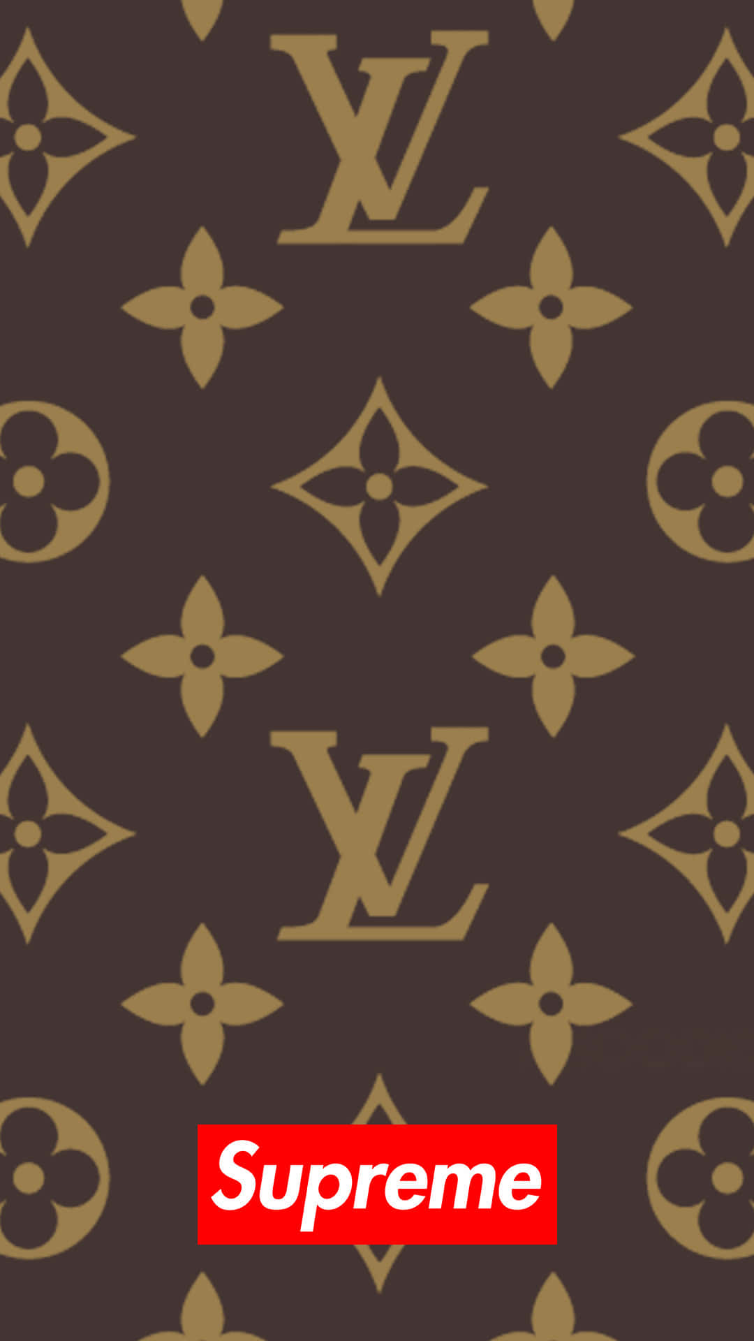 深棕色背景，帶有金色 Louis Vuitton 字母組合和紅色 Supreme 標誌。