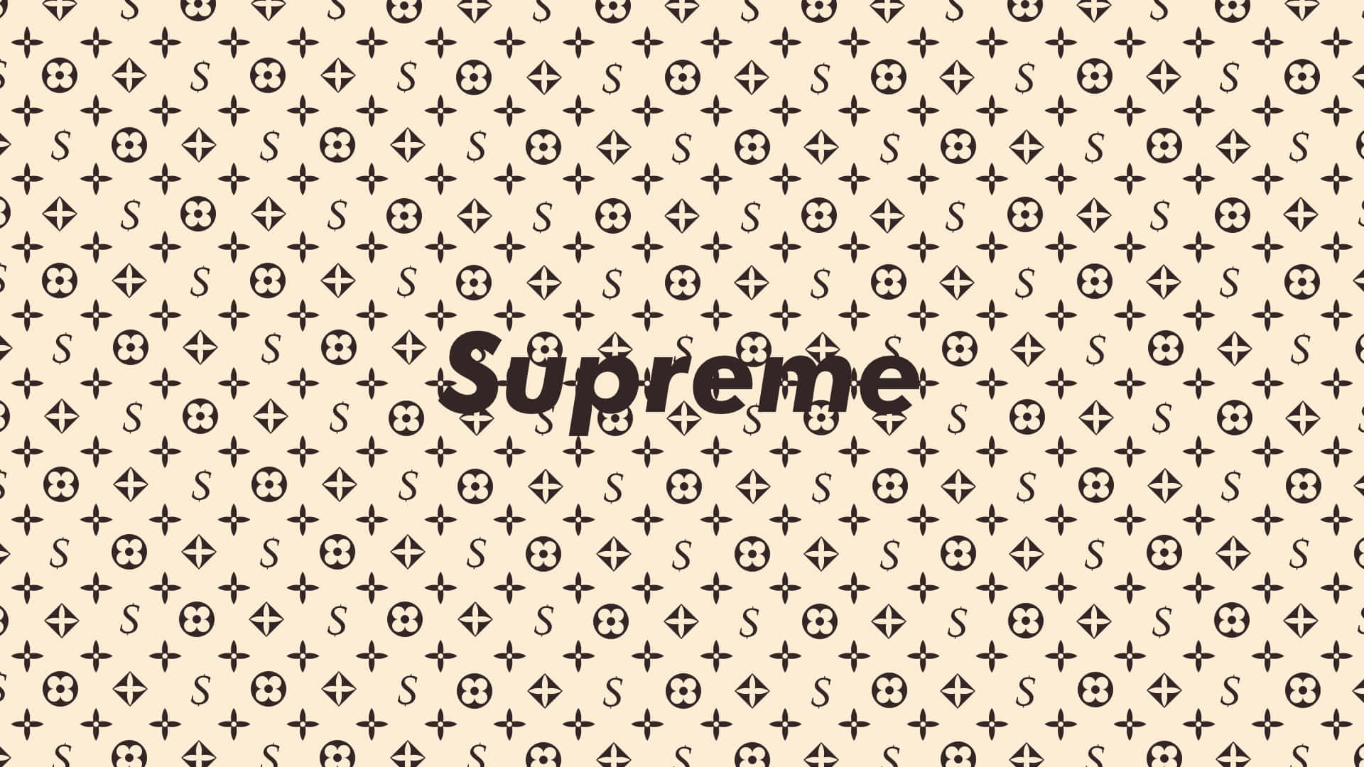 Supreme標誌在Louis Vuitton字母圖案背景上。