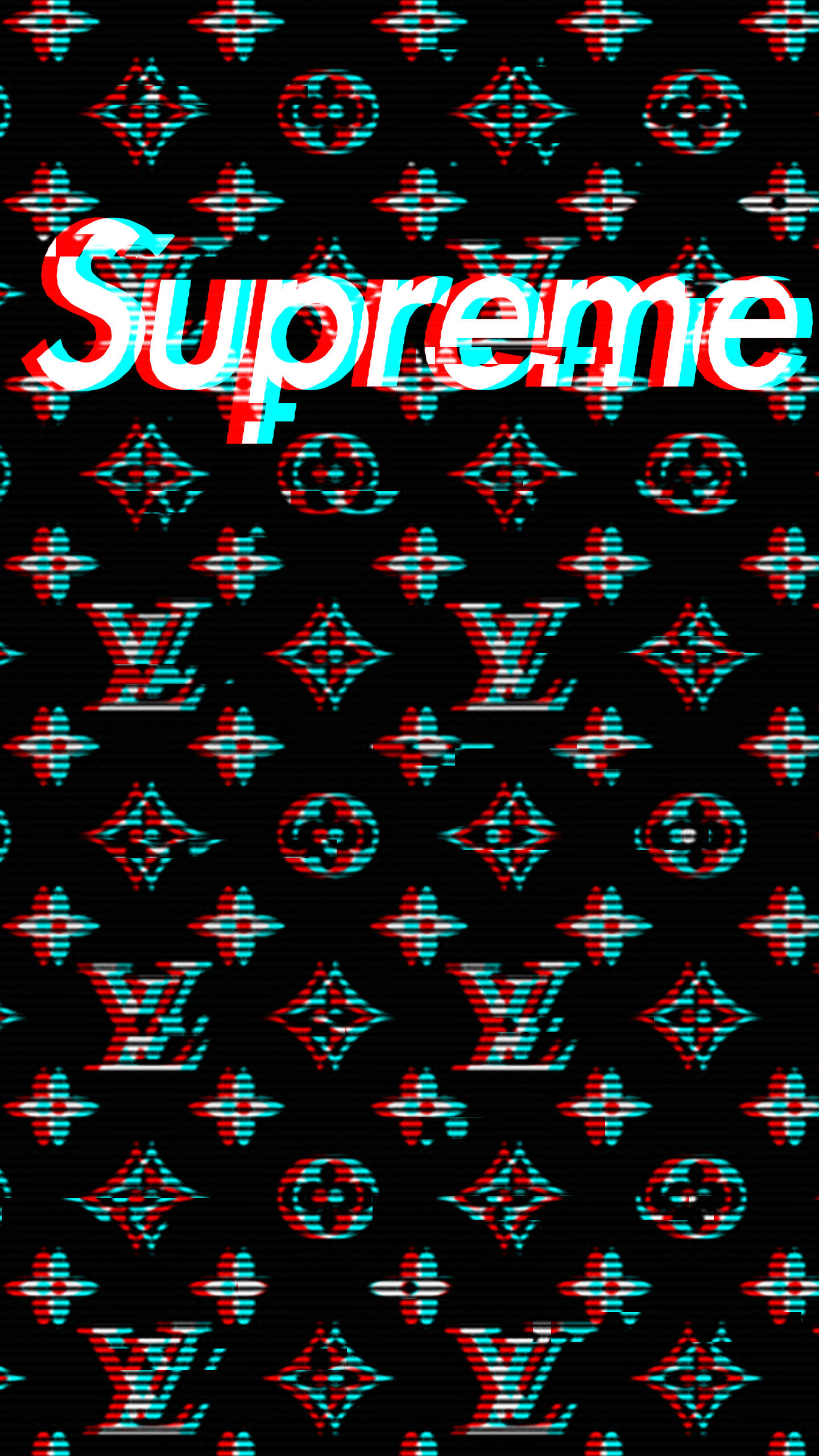Supreme 標誌印在路易威登圖案上 壁紙 — 一個帶有故障效果的紅色和青色Supreme標誌重疊在黑色背景上重複的Louis Vuitton字母組合圖案上。