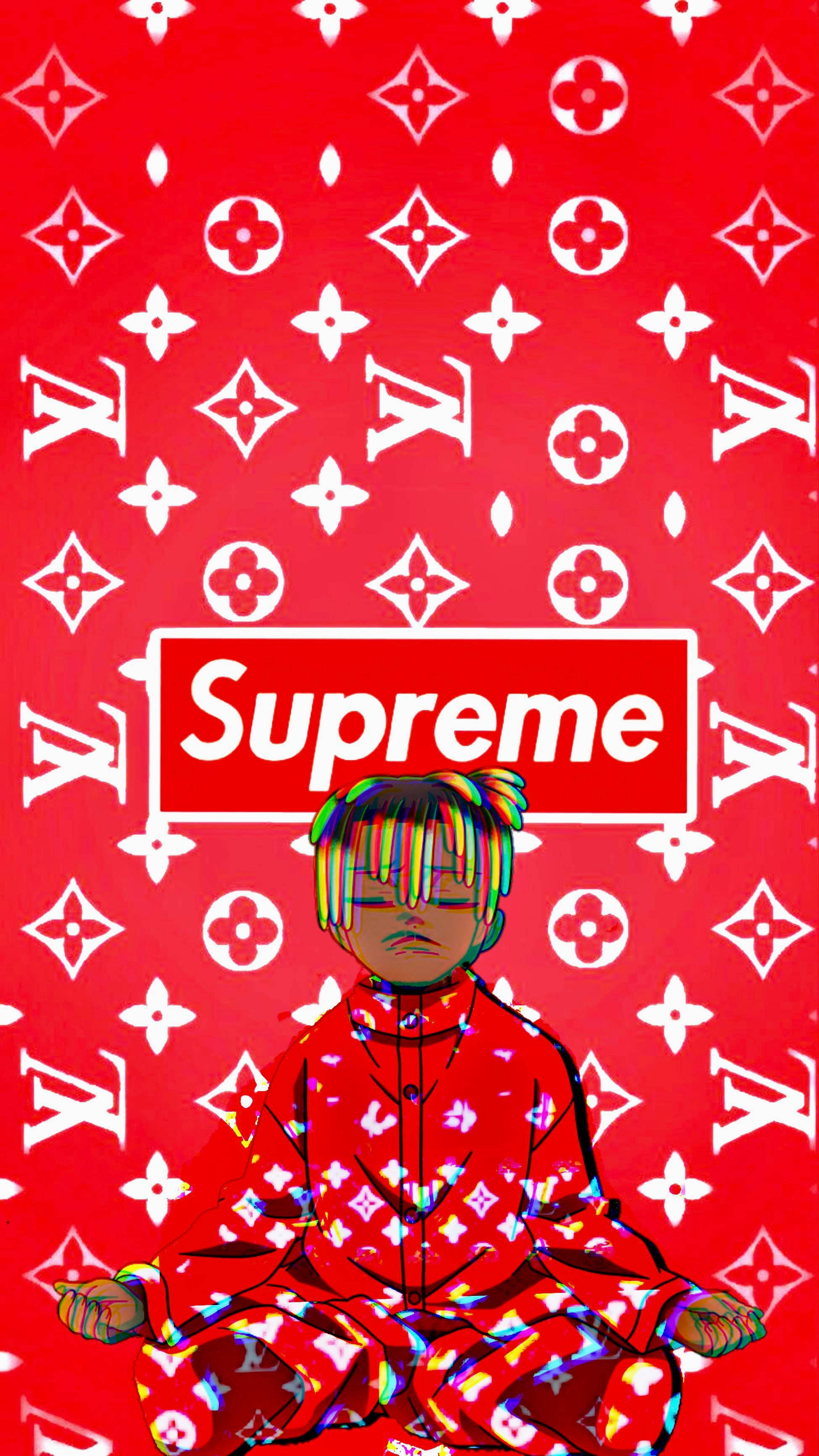 Supreme 標誌印於紅白 Louis Vuitton 經典圖案 壁紙 — 一個風格化的卡通人物在紅色路易威登圖案服裝中冥想，背景為匹配的紅色，帶有Supreme標誌。