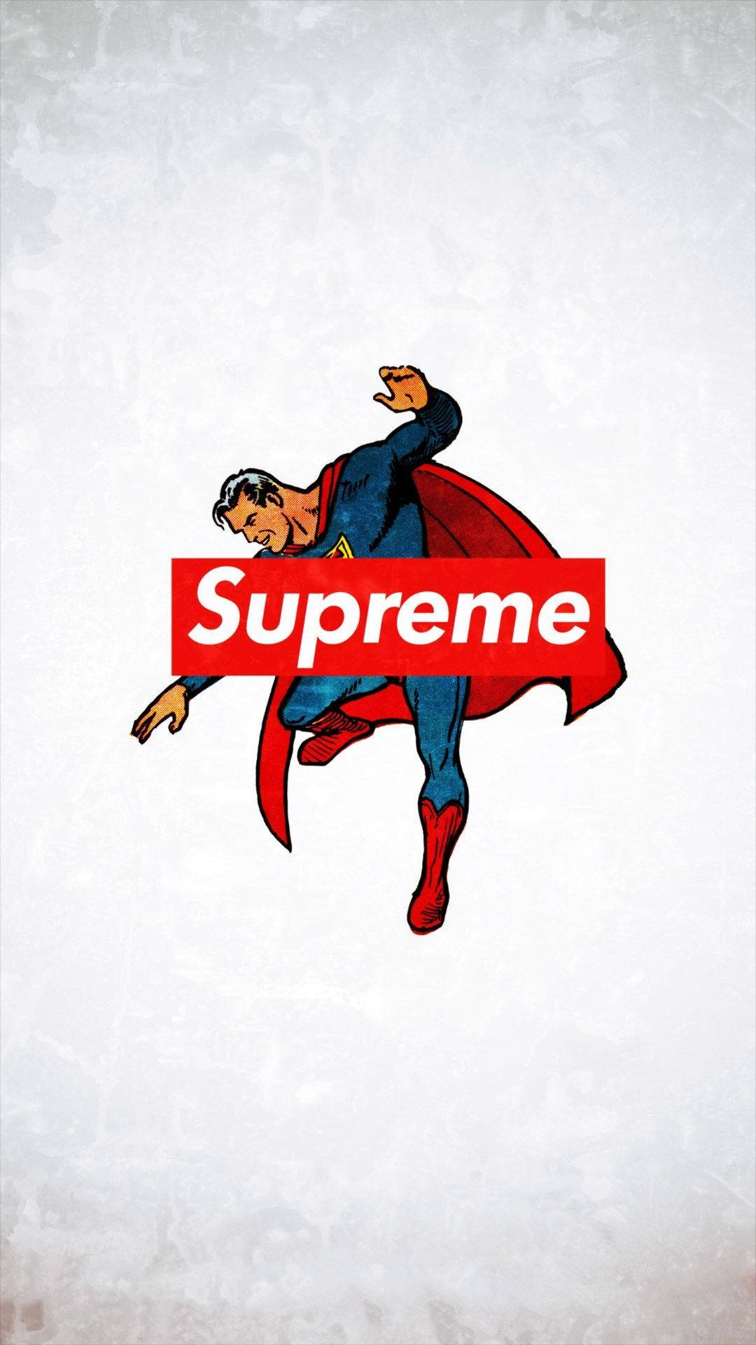 Supreme 標誌與超人插畫 壁紙 — 超人動態飛行，胸前疊加了一個大膽的紅色Supreme標誌，背景為紋理白色。