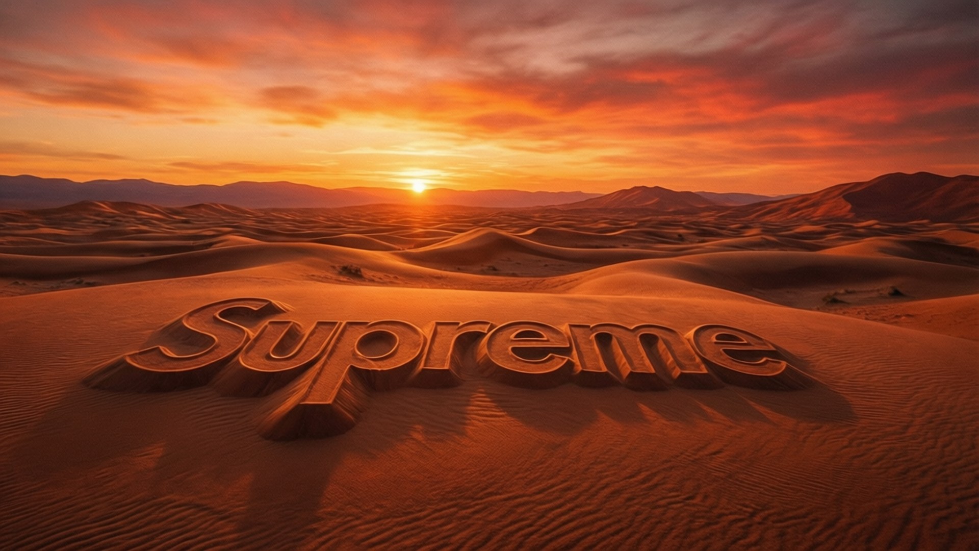 沙丘上刻有「supreme」一詞，橙色天空和山脈的日落
