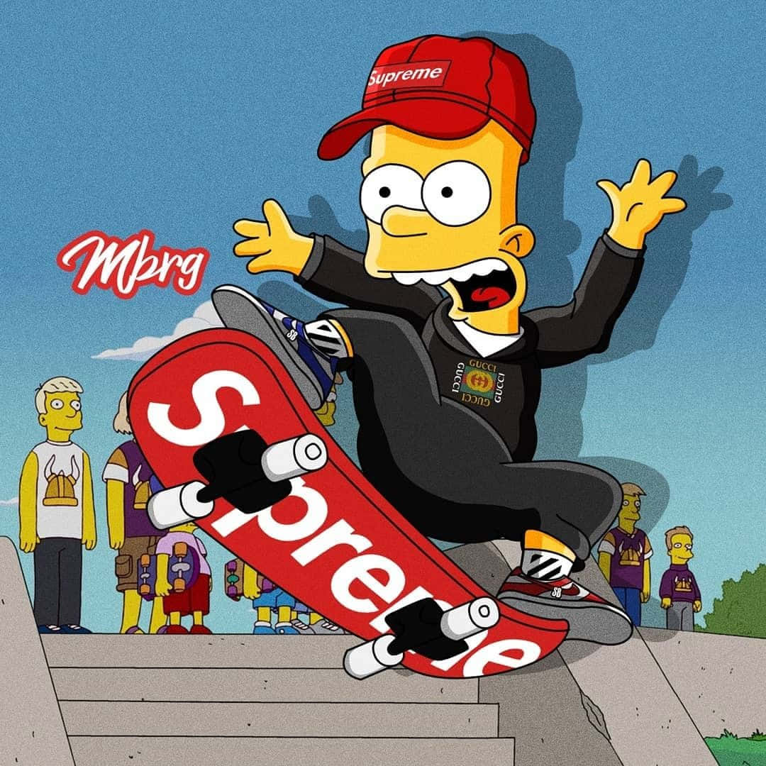 Bart Simpson 著住Supreme同Gucci衫，踩滑板落樓梯，有旁觀者。
