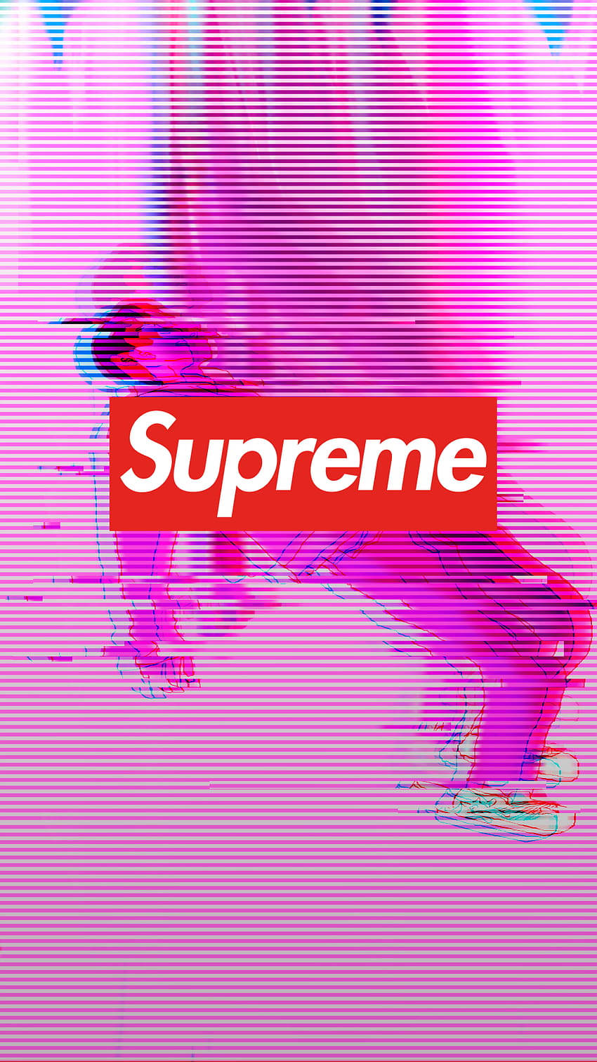 以Supreme標誌和粉紅色及紫色扭曲人形為特色的故障藝術。