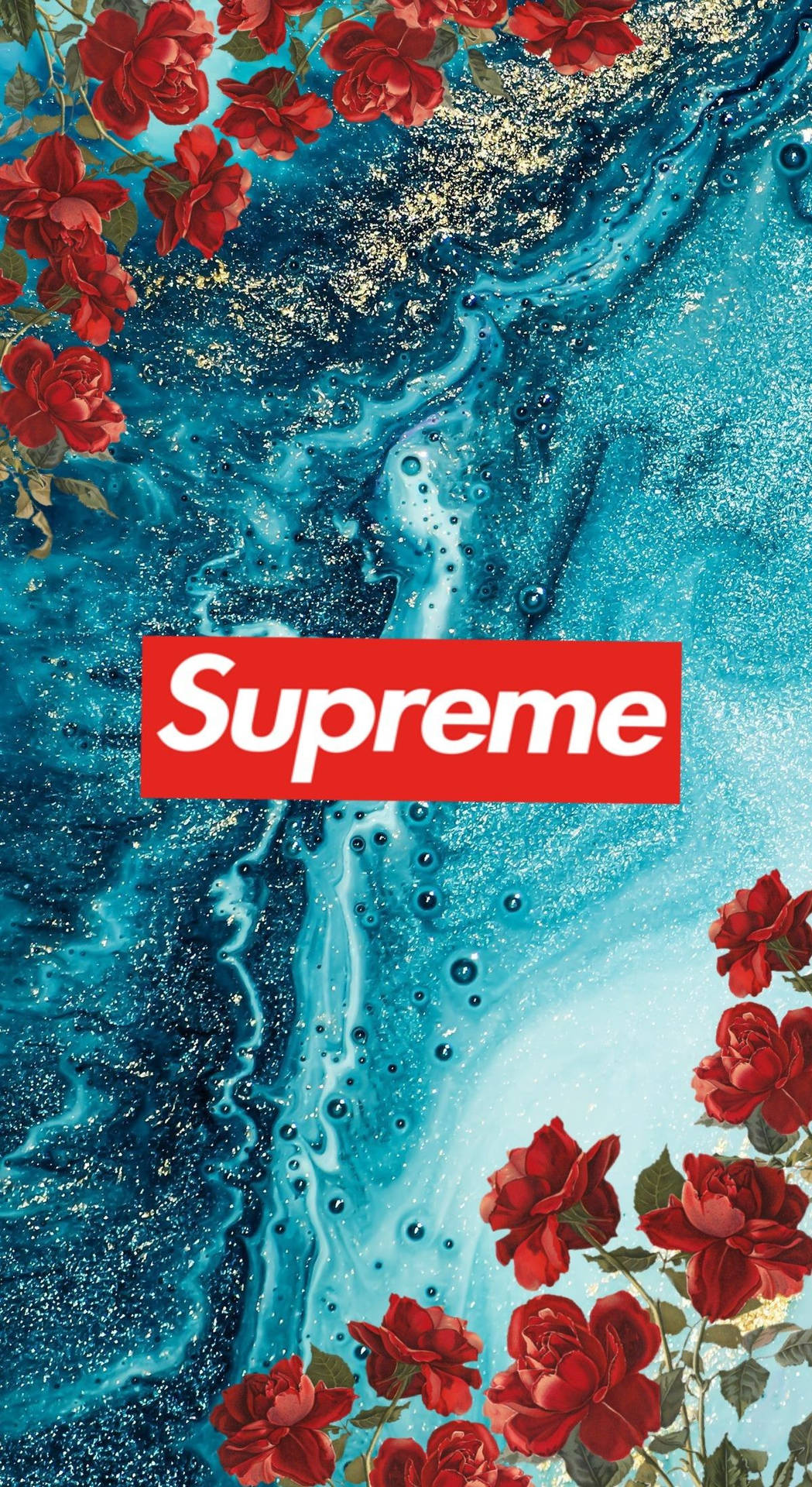 藍色大理石上的紅玫瑰，帶有金色斑點和紅色Supreme標誌。