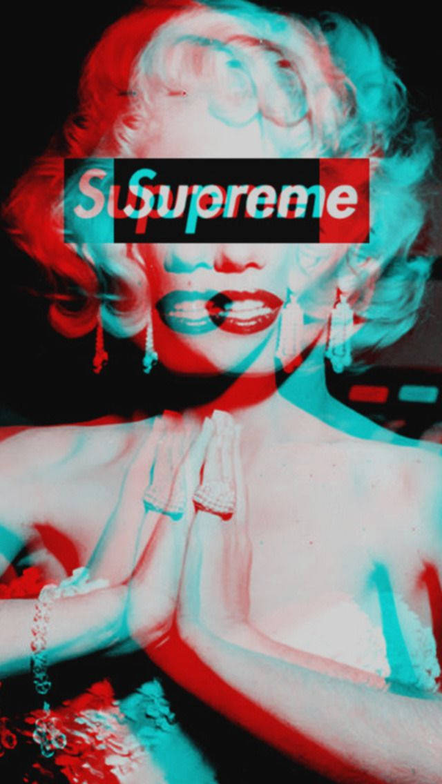 瑪麗蓮夢露肖像，帶有紅色和青色故障效果及Supreme標誌。