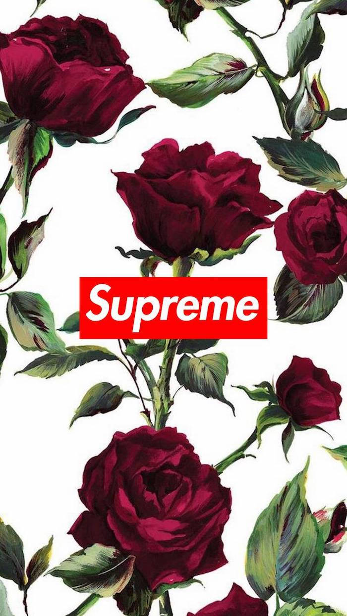 深紅玫瑰配綠葉環繞白色背景上的紅色Supreme標誌。