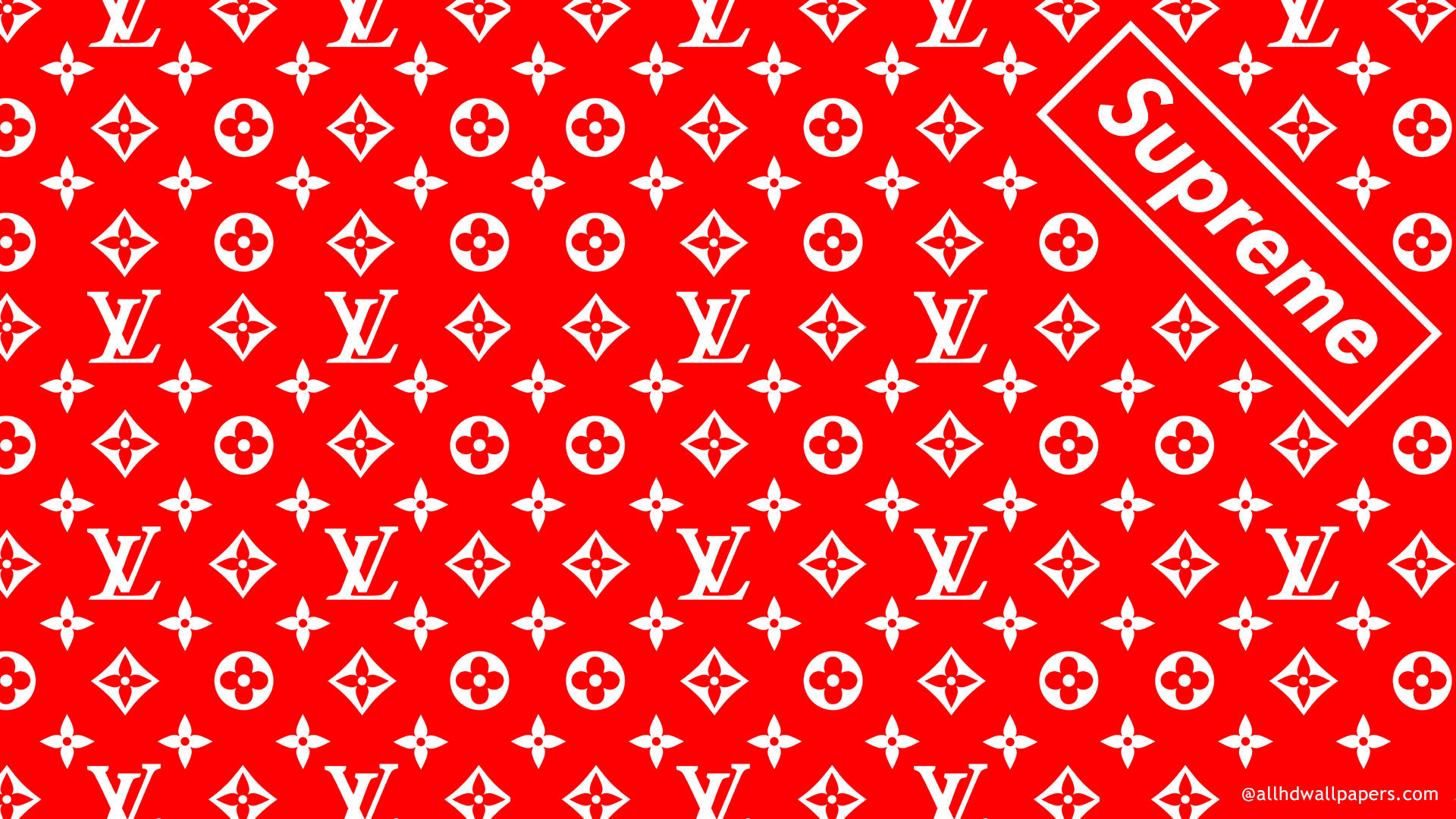Supreme 與 LV 壁紙 — 鮮紅色牆紙，帶有重複的白色Louis Vuitton字母組合圖案和對角線Supreme標誌。