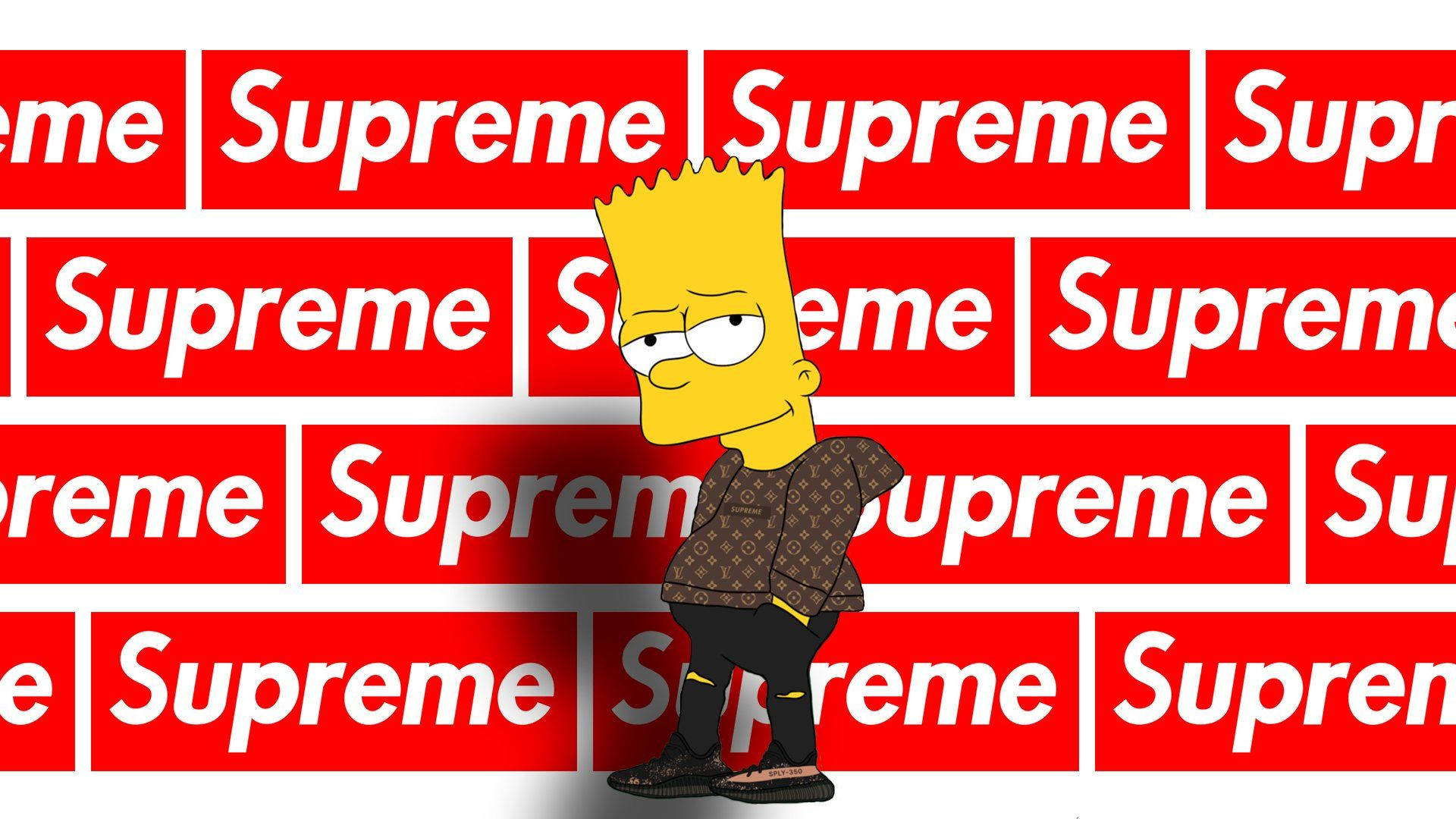 Supreme 與《辛普森一家》 壁紙 — 巴特·辛普森自信地站在重複的紅色Supreme標誌牆前，形成大膽的流行文化混搭。