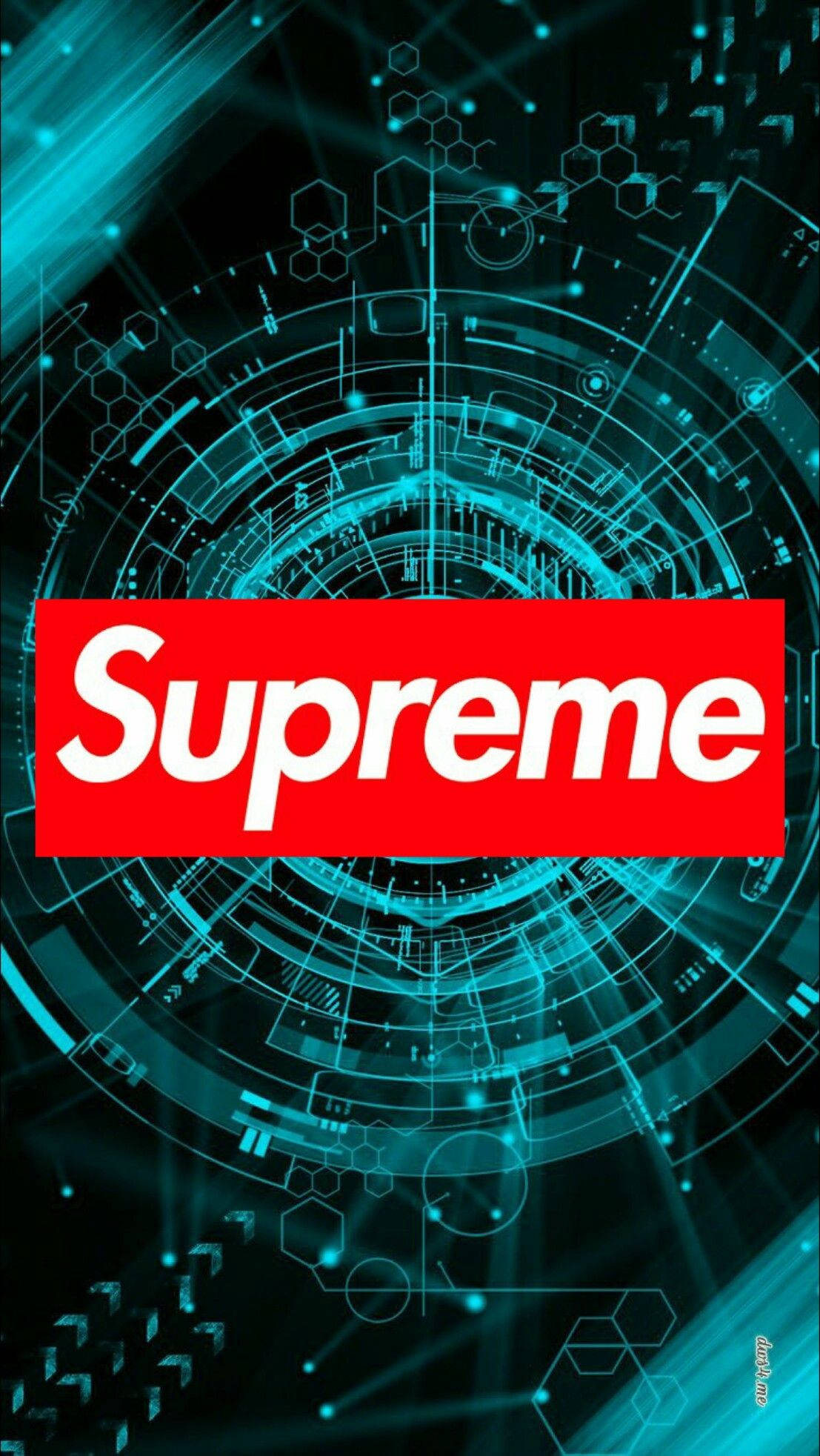 Supreme 與科技 壁紙 — 一個紅色Supreme標誌居中在發光的青綠色未來電路板上，帶有六邊形圖案和光條。