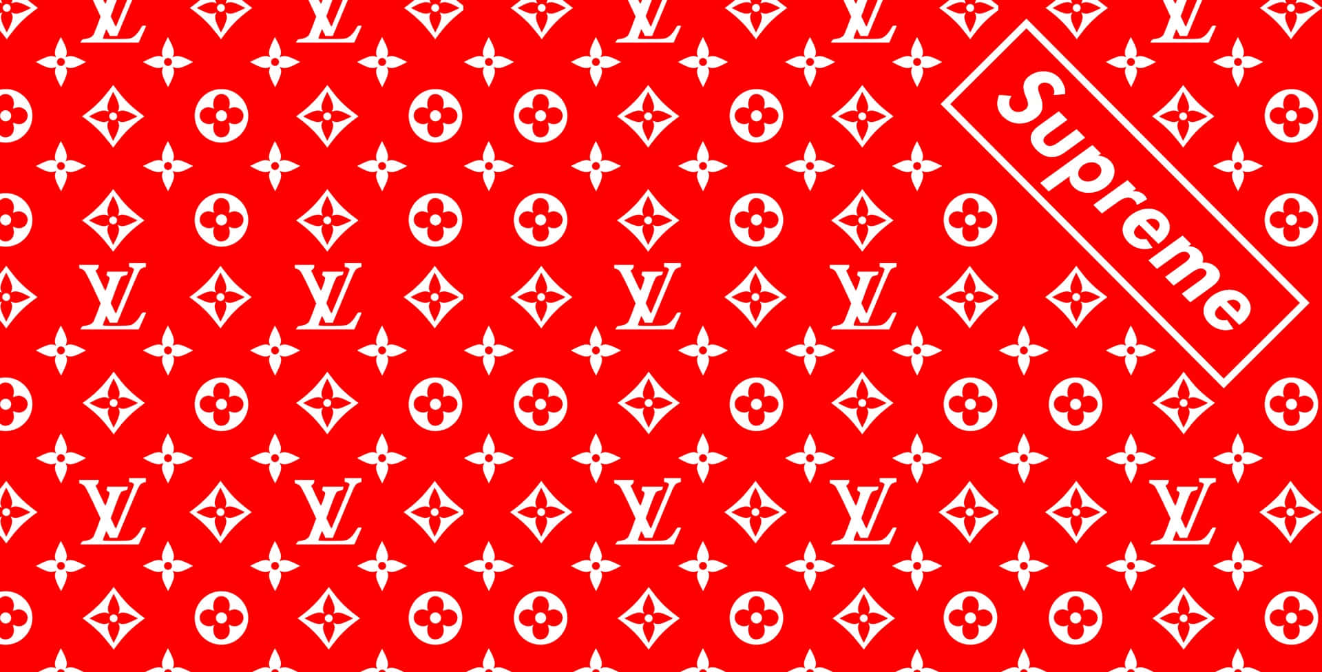 紅色背景，帶有白色 Louis Vuitton 字母組合和對角線 Supreme 標誌。