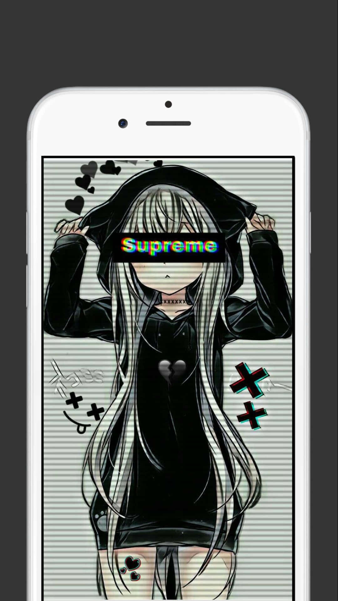 Supreme 風動漫女孩鎖屏 壁紙 — 一位長銀色頭髮的動漫女孩拉起一件黑色連帽衫，上面顯示著帶有故障效果的Supreme標誌，背景為條紋。