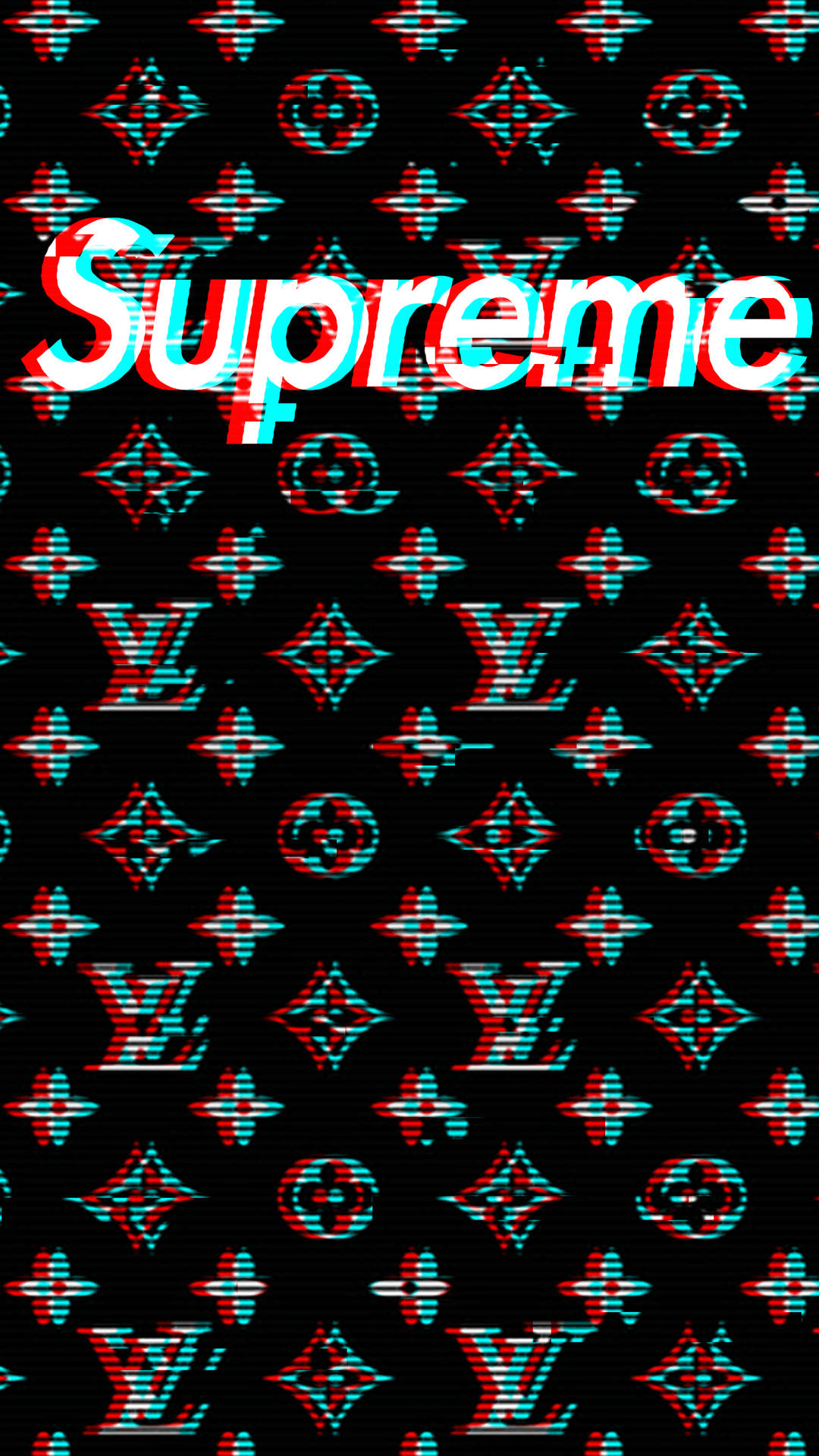 帶有故障效果的Supreme標誌覆蓋在Louis Vuitton字母組合圖案上。