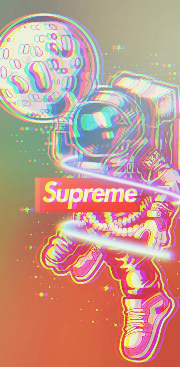 身穿Supreme裝備的霓虹太空人，在太空中與發光氣泡和星星一起漂浮。