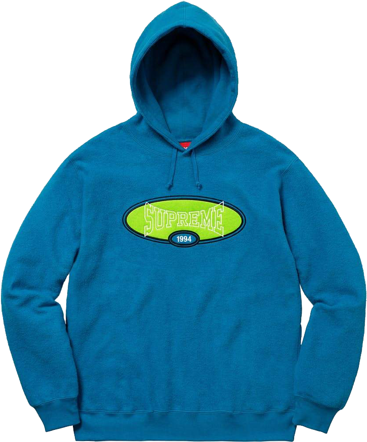 Supreme藍色連帽衫1994標誌 壁紙 — 一件充滿活力的藍色連帽衫，胸前中央有霓虹綠色橢圓形Supreme標誌和1994文字，背景為黑色。