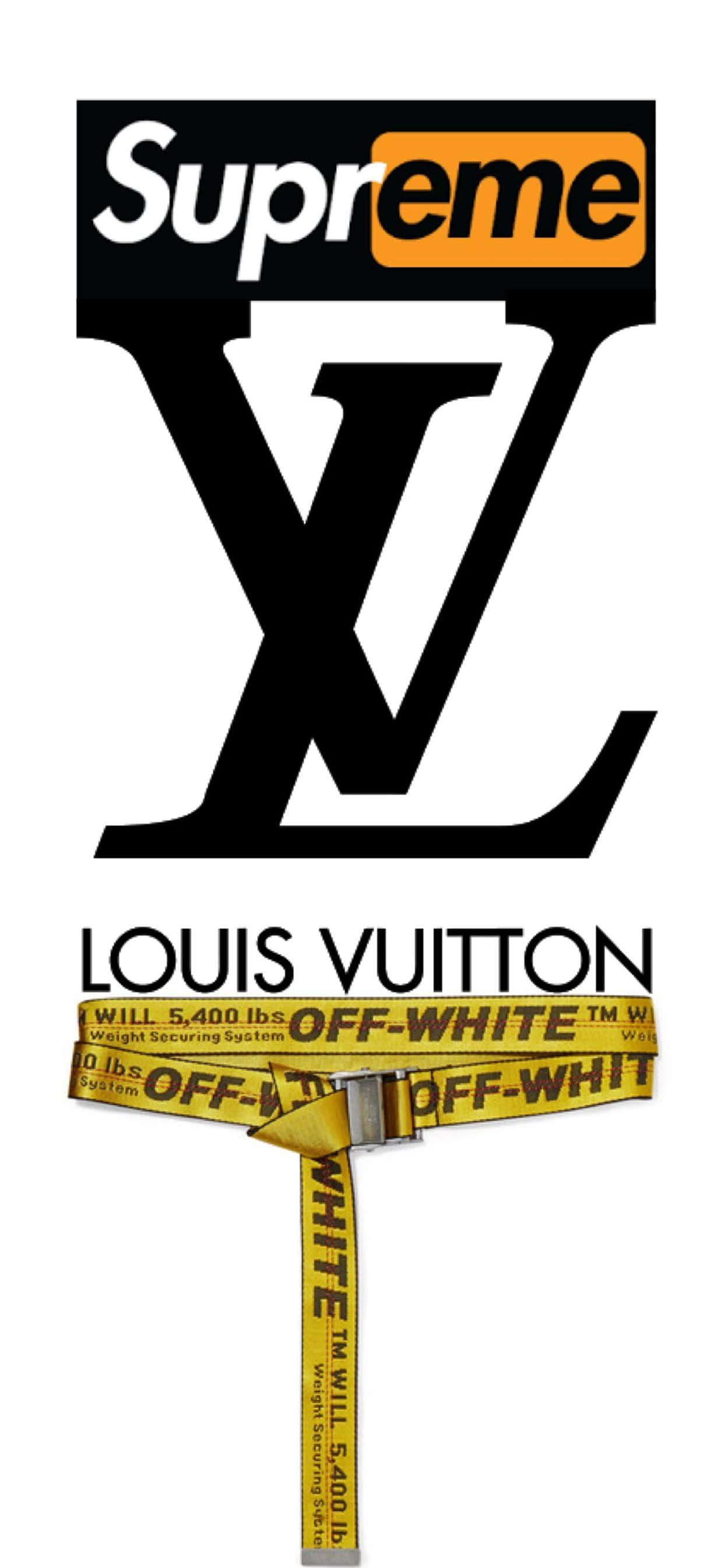Supreme、Louis Vuitton 與 Off White iPhone 壁紙 — 一個大膽的黑色 Louis Vuitton 標誌與黃色 Off-White 皮帶融合，皮帶上帶有重複的重量固定文字。