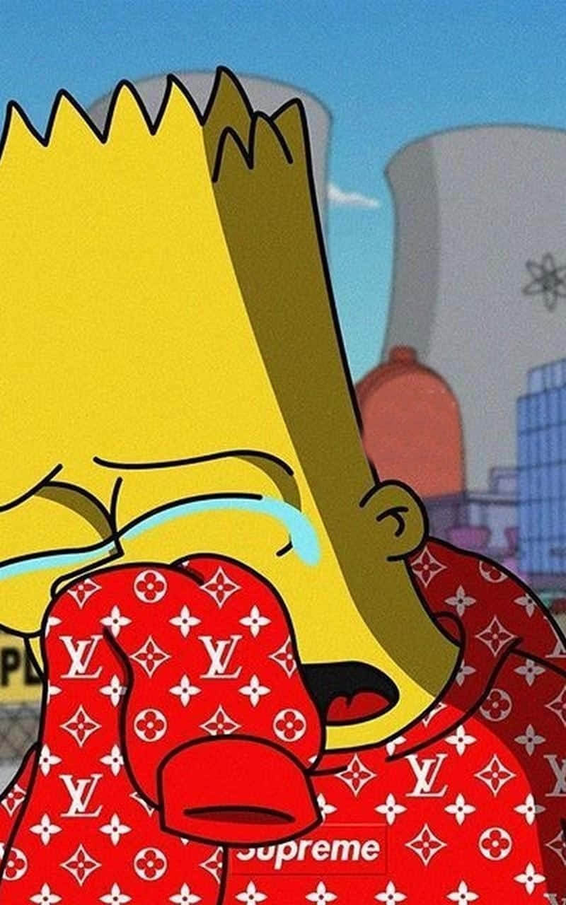 穿紅色Supreme夾克哭泣的Supreme辛普森 壁紙 — Bart Simpson 穿著紅色 Louis Vuitton Supreme 連帽衫，在城市天際線背景下戲劇性地哭泣。