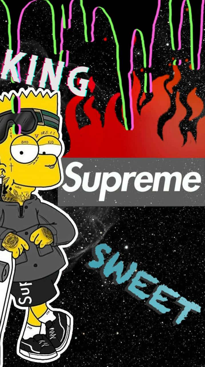 Supreme巴特·辛普森藝術作品 壁紙 — 身穿街頭服飾的辛普森角色站在宇宙背景前，帶有滴落的霓虹火焰和Supreme品牌標誌。