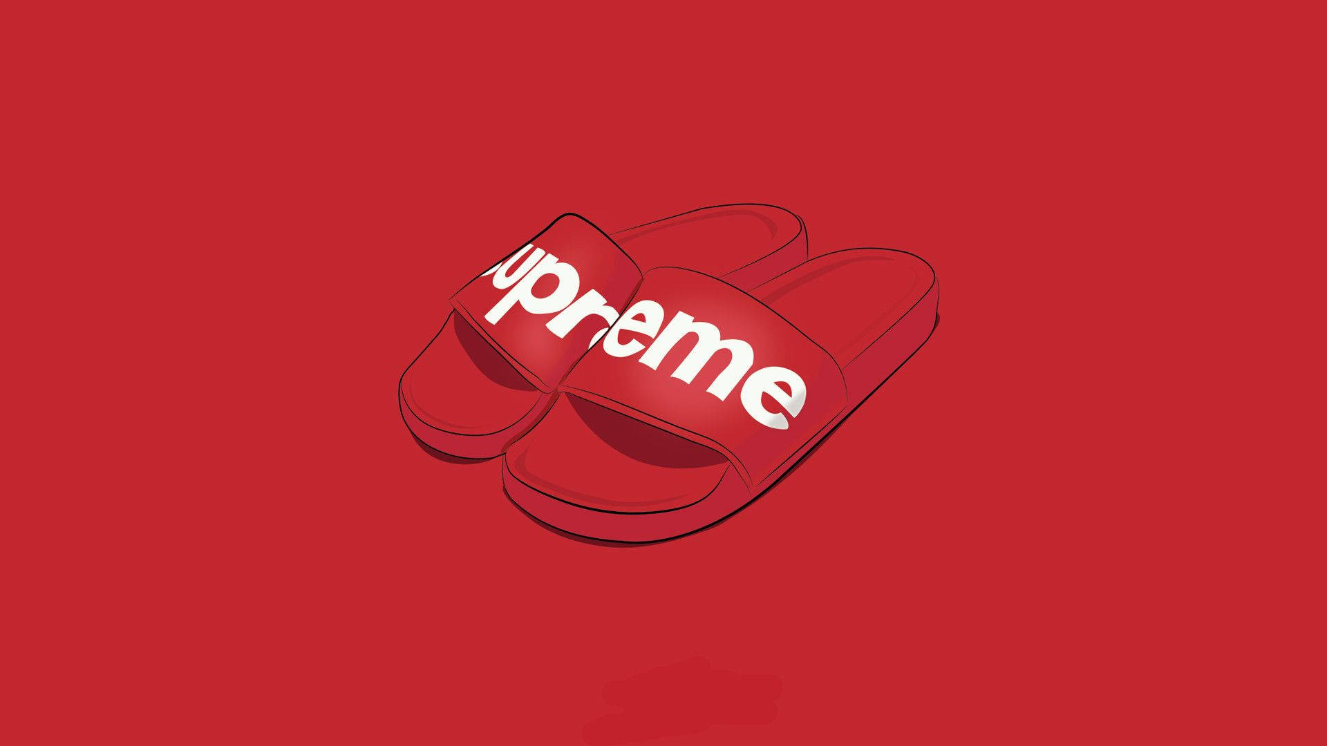 Supreme拖鞋 壁紙 — 一對紅色Supreme品牌拖鞋，帶有白色標誌，居中放在純紅色背景上。