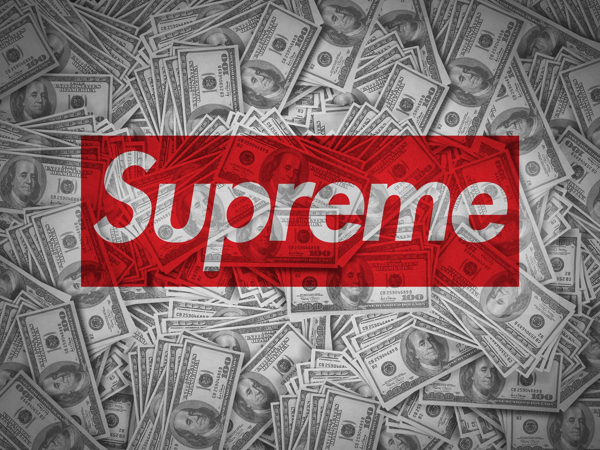 紅色Supreme標誌，背景為散落的百元鈔票。