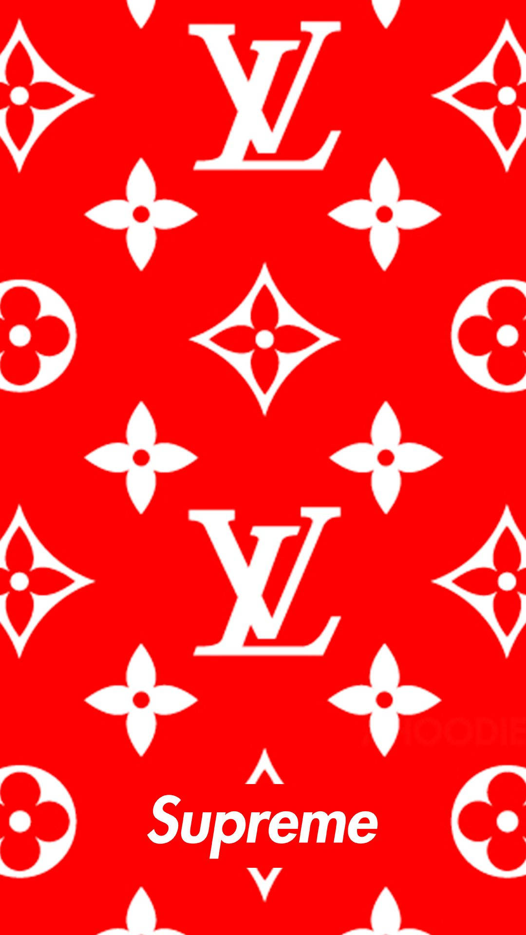 Supreme標誌與路易威登Malletier 壁紙 — 大膽的紅色牆紙，帶有重複的白色Louis Vuitton monogram和底部的Supreme標誌。