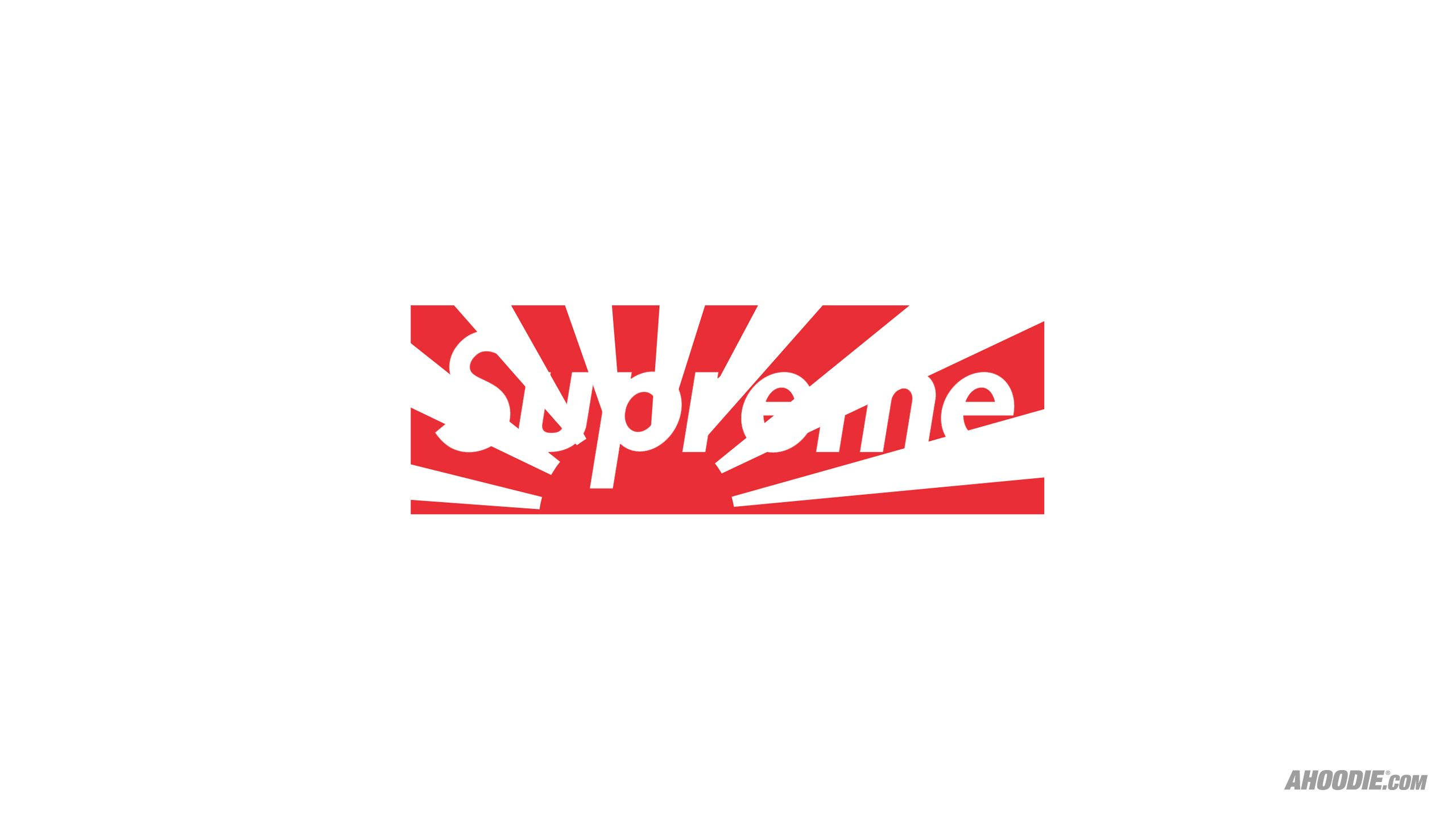 Supreme紅白日出 壁紙 — 大膽的紅色Supreme標誌，帶有白色文字和太陽光線設計，居中於純白背景上。
