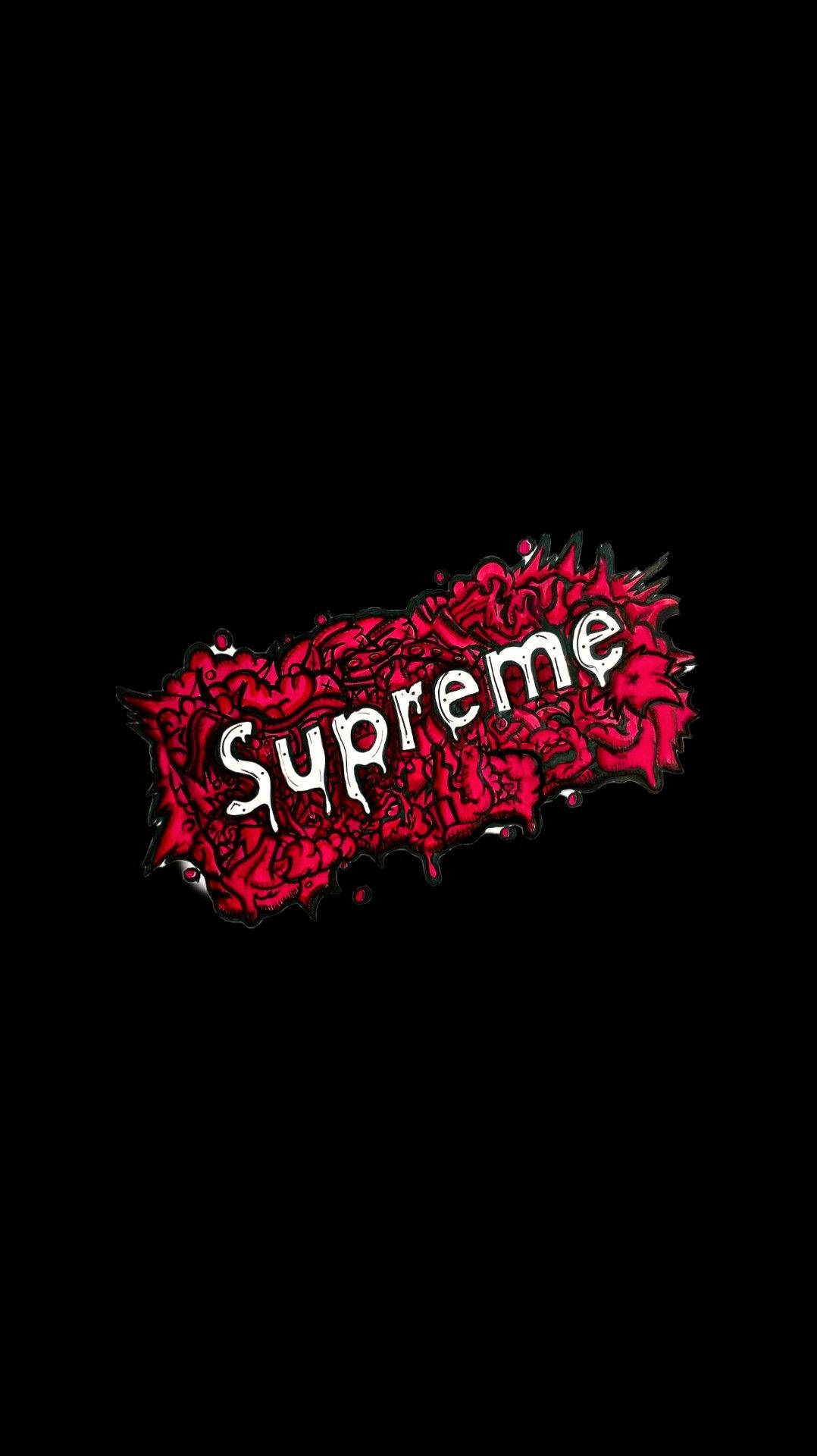 黑色背景上帶有白色Supreme文字的紅色潑濺圖形。