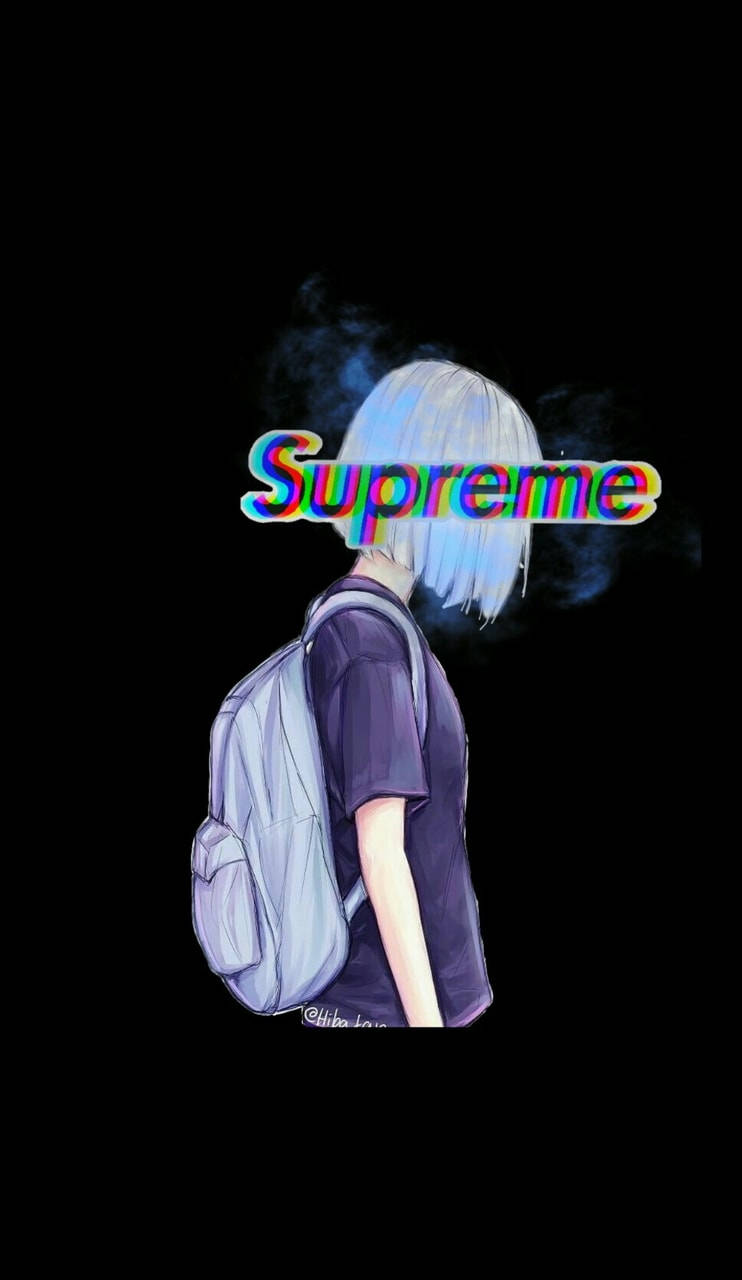 銀髮揹背包的動漫青少年背對鏡頭，帶有彩虹 Supreme 標誌。