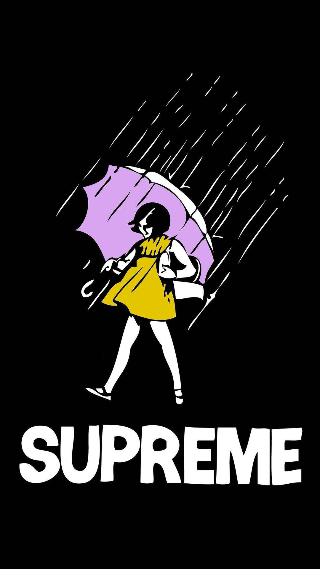 穿黃色連衣裙的女孩撐著紫色雨傘在雨中行走，帶有'SUPREME'文字。