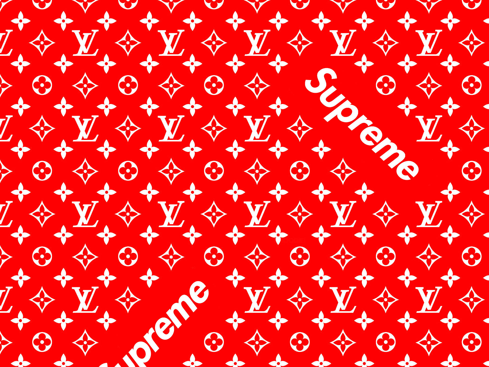 Supreme與路易威登 壁紙 — 充滿活力的紅色牆紙，帶有重複的白色Louis Vuitton字母組合和對角線Supreme標誌。
