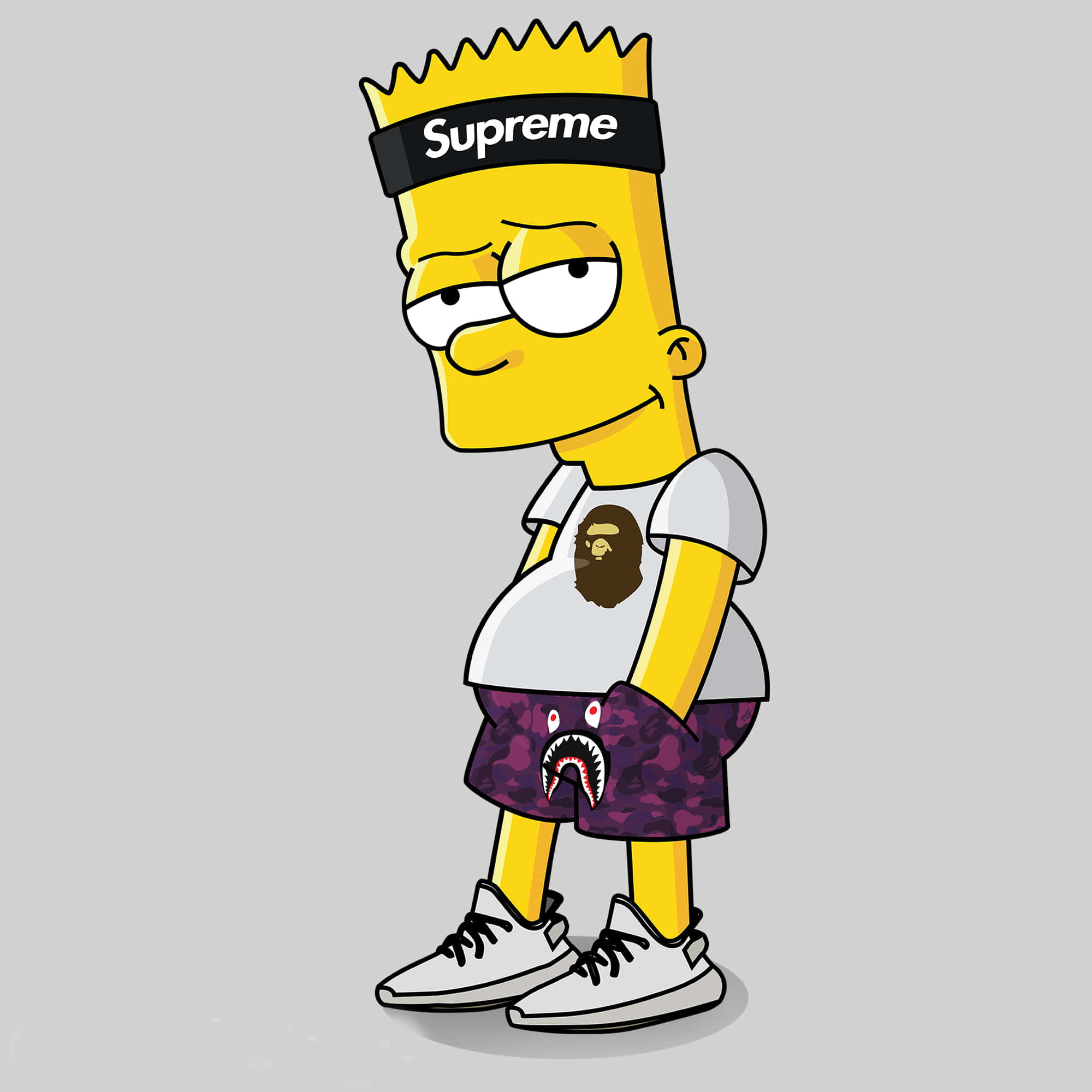 Supreme辛普森 壁紙 — Bart Simpson in streetwear with Supreme headband BAPE tee and shark-print shorts against gray background.